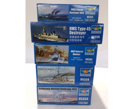 Trumpeter, a boxed Group of 1:350 Scale Battleship Model Kits. Includes 05354 Schelswig-Holstein Battleship 1935 with others.