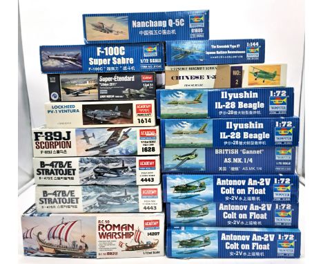 Trumpeter &amp; Academy, a boxed mainly 1:72 scale plastic kit group comprising mainly of military aircraft to include Trumpe