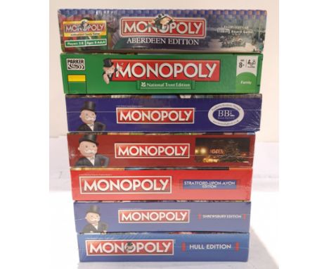 Hasbro, a boxed Group of Location Themed Monopoly Sets. Includes Aberdeen, Hull with others. Although unchecked for completen