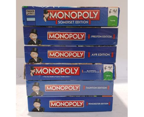 Hasbro, a boxed Group of Location Themed Monopoly Sets. Includes Blackpool, Somerset with others. Although unchecked for comp