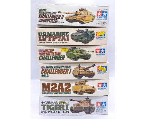 Tamiya a boxed 1:35 scale group of military vehicle model kits, to include; No.274 - Challenger 2 'Desertised' , as well as o