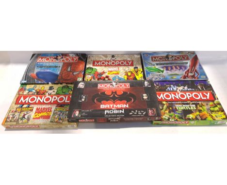 Hasbro, a boxed Group of Superhero Themed Monopoly Sets. Includes Spider-Man, Thunderbirds with others. Although unchecked or