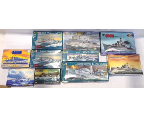 Revell, Heller &amp; Similar, a boxed Group of Mixed Scale Military Ship &amp; Boat Model Kits. Although unchecked for comple