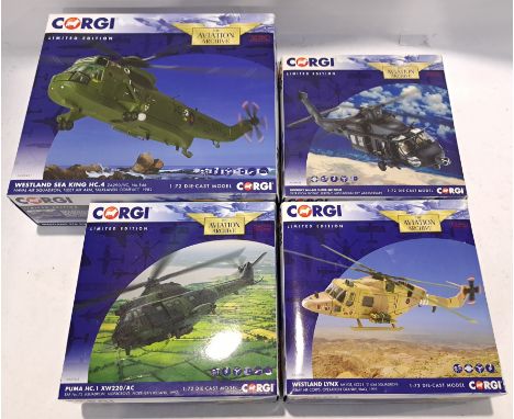 Corgi Aviation Archive, a boxed Group of 1:72 Scale Military Helicopters. Includes AA33421 Westland Sea King HC.4, ZA290/VC, 