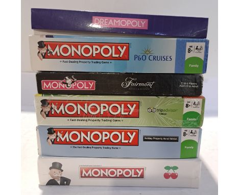 Hasbro, a boxed Group of Holiday Themed Monopoly Sets. Includes Dreams, Tripadvisor with others. Although unchecked for compl
