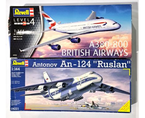 Revell, a boxed pair of 1:144 scale Civilian Aircraft Plastic Kits comprising of 03922 Airbus A380-800 "British Airways" alon