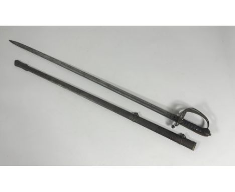 An 1845 British Infantry Officer's sword, steel hilt, single fullered blade and sharkskin grip and scabbard (overall: 100cm)