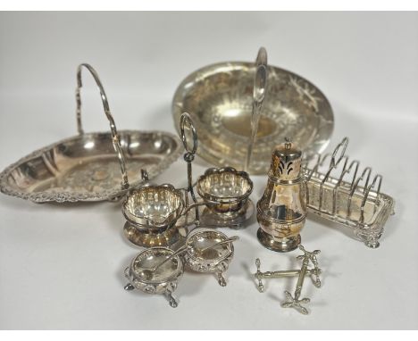 A collection of Epns including an oval eastern engraved swing handle fruit basket with Camel, Elephant and Water Buffalo and 