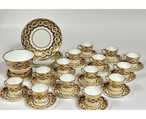 A English China part tea service with floral sprays and gilt decoration comprising a large bowl (h-9cm w- 16cm), two plates (