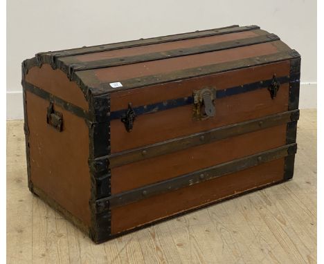 A late 19th century metal bound dome top steamer trunk H60cm, W92cm ,D53cm