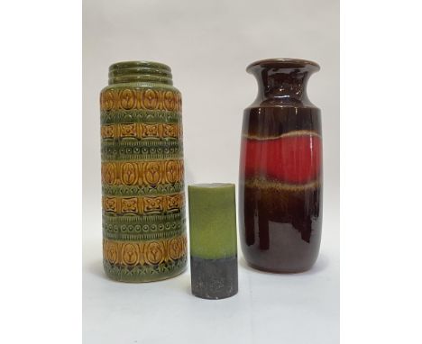 Two 1970's West German cylindrical ceramic vases, each by Scheurich, (H42cm) and an Austrian ceramic case (H18.5cm)