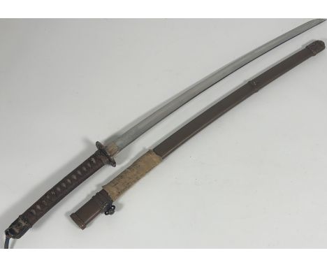 A Japanese samurai sword, bound sword handle with brass tsuba and fitting, sword knot, plain steel blade, brown painted steel