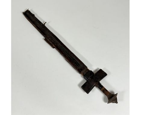 An African tuarey short sword and scabbard, steel pommel, leather covered hilt and handle, steel blade and leather scabbard, 