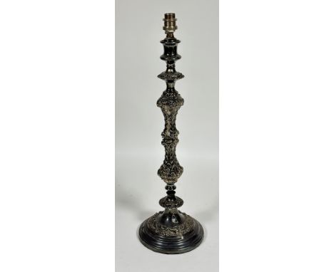 A Edwardian Epns chased baluster stem candle stick converted to table lamp on circular moulded base, (H x 49cm x D 17cm) sect