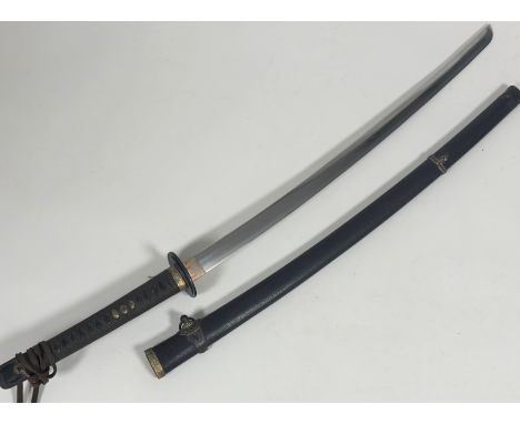 A Japanese samurai sword, bound handle, metal filling and tsuba, plain steel blade (66cm), leather covered scabbard