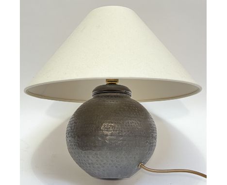 A metallic finish ceramic lamp and shade with stippled motif (height including shade- 35cm, w- 41cm)