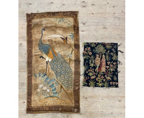 A Japanese embroidered silk panel depicting a peacock, 19th century (136cm x 72cm) together with an 18th century French tapes