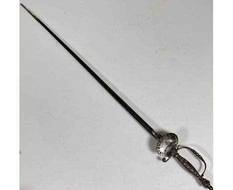 An early 20thc Scottish Court sword, cut steel hilt etched triform blade, in leather scabbard (J. Stewart &amp; Sons, 88 Geor