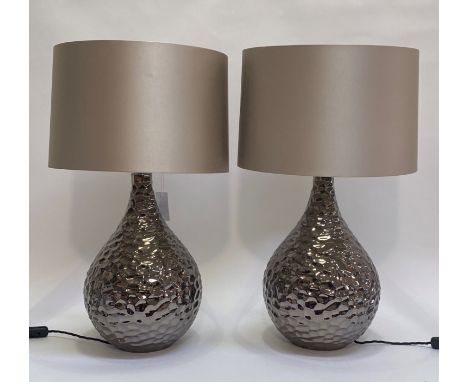 A pair of Contemporary metalic glazed ceramic table lamps of ovoid form, complete with cylindrical shades H68cm