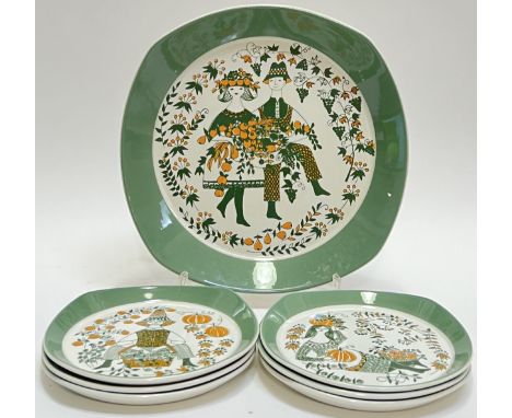 A set of Figgjo Flint 'Sicilia' design ceramic dishes decorated with various printed figures against a green ground comprisin
