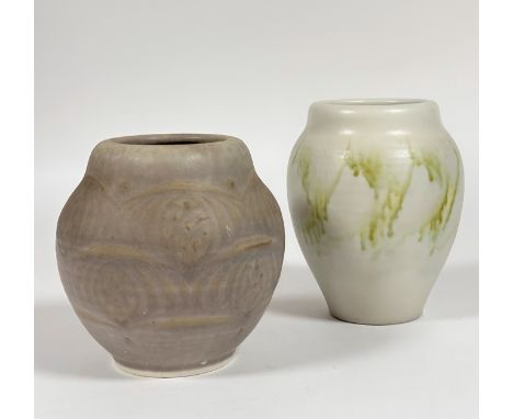 A Royal Lancastrian Edward Thomas Radford vase with white and green drip glazing (h- 20) and a squat vase with brown crackled