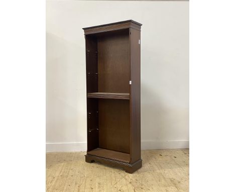A Georgian style mahogany open bookcase, with dentil cornice over five shelves, raised on bracket support H184cm, W76cm, D29c