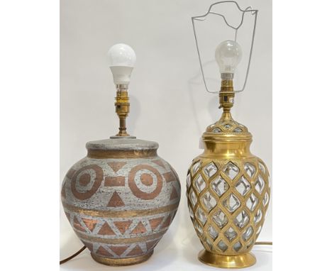 A globular ceramic lamp with abstract paper-resist decoration (height including bulb 44cm, w- 25cm), together with a brass an