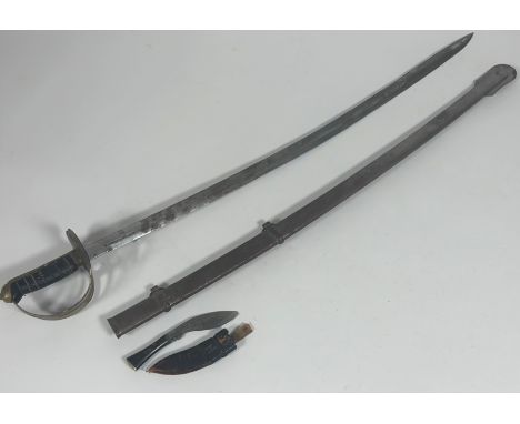 A reproduction British officer's style pattern sword, brass hilt, leather grip, steel blade and scabbard, together with a min
