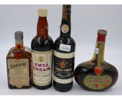 Four bottle of alcohol, Cointreau, Peach brandy and two sherries. P&amp;P Group 3 (£25+VAT for the first lot and £5+VAT for s
