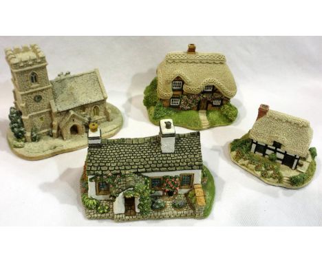 Four boxed Lilliput Lanes, Rose Cottage Skirsgill, Riverview, Bramble Cottage and St Josephs Church, some with deeds, largest