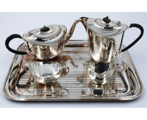 Elkington &amp; Co silver plated tea set with teapot, hot water, cream and sugar with a similar Art Deco tray. P&amp;P Group 