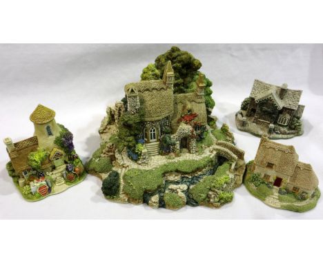 Four boxed Lilliput Lanes, Convent in The Woods, Gold Top, Pussy Willow and Langdale Cottage, all with deeds, largest 18 x 16