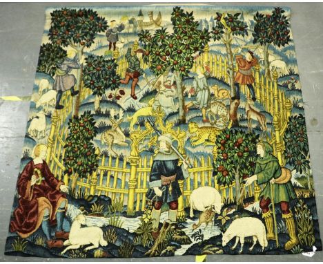 Wall hanging tapestry of a Medieval garden scene, 152 x 143 cm. good condition minor blobbing some damages to edge. Not avail