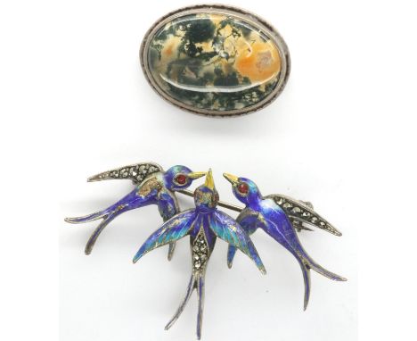 Enamel unmarked silver brooch and a silver set moss agate example, largest L: 60 mm. P&amp;P Group 1 (£14+VAT for the first l