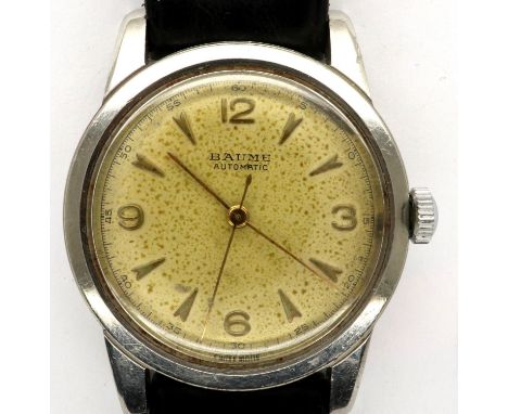 Baume: vintage automatic wristwatch on a black leather strap, working at lotting. P&amp;P Group 1 (£14+VAT for the first lot 