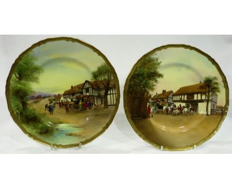 Two hand painted Royal Worcester plates signed J Stanley, Changing Horses and another, D: 27 cm, slight use marks but otherwi