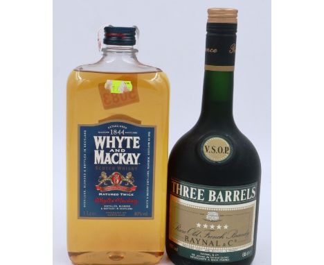 1l bottles of Whyte &amp; Mackay Whisky and a 68cl bottle of Three Barrels brandy. Not available for in-house P&amp;P 