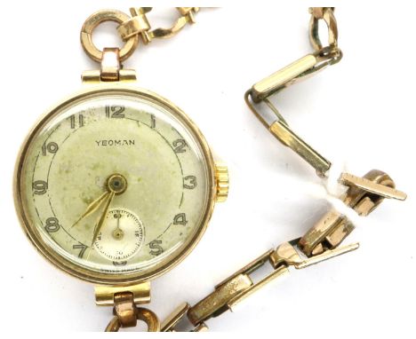 Yeoman: 9ct gold gold ladies wristwatch with seconds aperture, on a rolled gold bracelet, working at lotting. P&amp;P Group 1