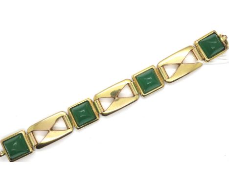 Rolled gold link bracelet set with four jadeite stones, made in Baden Germany, L: 18 cm. P&amp;P Group 1 (£14+VAT for the fir
