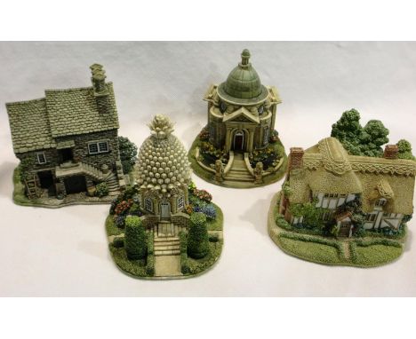 Four boxed Lilliput Lanes, Kendal Tea House 10 x 8 cm, Pineapple House 90 x 90 mm, Camomile Lawn 11 x 7 cm and The Lion House