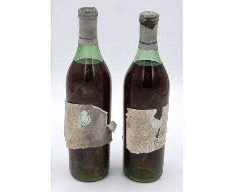 Two bottles of Eau De Vie brandy, one dated 1863, levels to mid necks. P&amp;P Group 2 (£18+VAT for the first lot and £3+VAT 