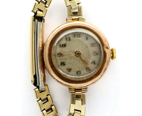 Ladies 9ct rose gold wristwatch on a gold plated bracelet, not working at lotting. P&amp;P Group 1 (£14+VAT for the first lot