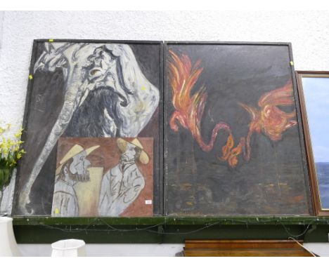 Two large mixed media abstract paintings,+/- 122 x 92 cm, and smaller picture on board