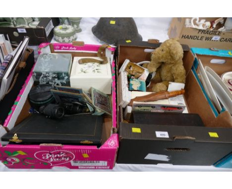 Two boxes of jewellery boxes, binoculars, costume jewellery, cutlery, ornamental knife in scabbard, soft toy etc. This bladed