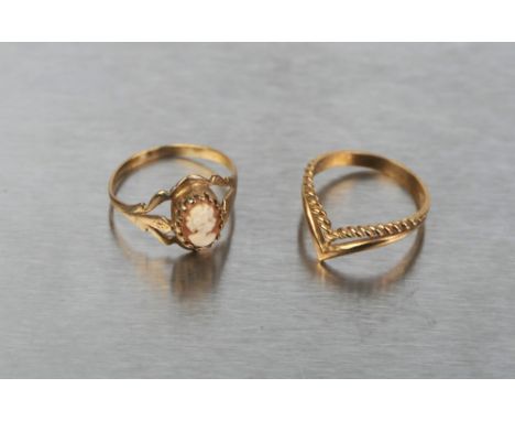 Two 9 ct gold rings, wishbone ring size K and&nbsp; cameo ring size M, weight 2.9 grams