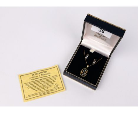 9 ct gold Brooks &amp; Bentley Victorian style pendant on chain with matching 9 ct gold diamond and sapphire earrings