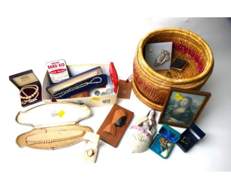 Basket containing religious pictures and icons and box of costume jewellery, earrings, rings etc
