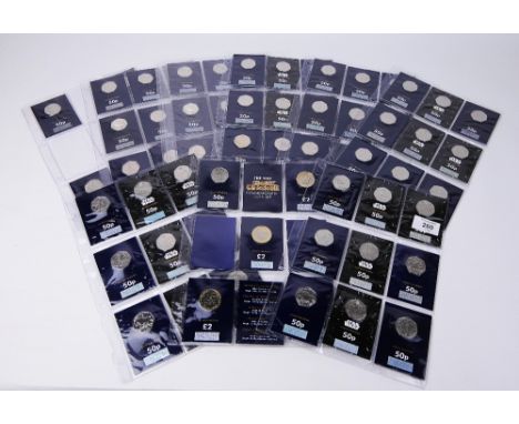 50p collection contained in 8 plastic sleeves, 66 mint uncirculated 50p coins including Star Wars, Paddington Bear, Stephen H
