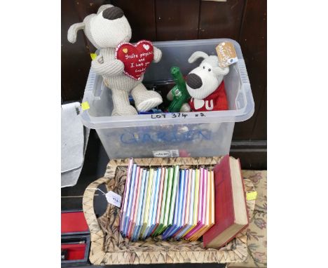 Box of toys including Boofle bears, set of Heinemann railway series Thomas The Tank Engine books and wicker basket