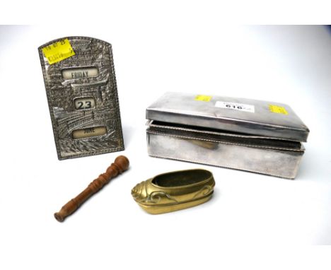 White metal cigarette box, Oriental themed desk calendar, bobbin and brass shoe ornament